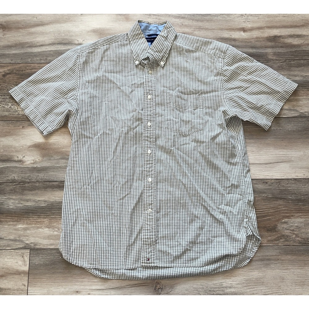 Tommy Hilfiger Mens Plaid Button Up Shirt Green White Short Sleeve Size M